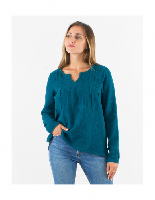Bluză din material creponat și dantelă - Teal [2]