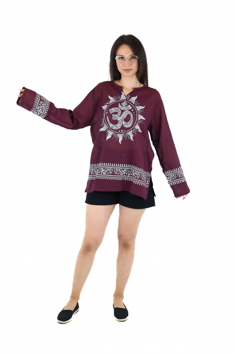 Bluza din panza de bumbac cu maneca lunga si print Om - Visiniu [2]