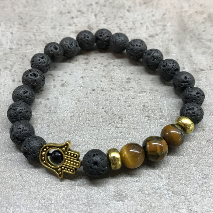 Brățară Lava Stone - Pietre Semiprețioase Tiger Eye și Talisman Hamsa [2]