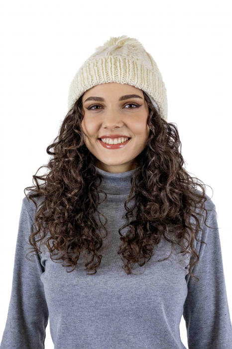 Căciulă călduroasă din lână căptușită cu polar într-o culoare cu moț - Alb [2]