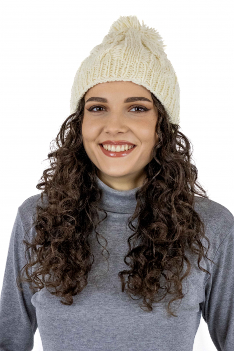 Căciulă călduroasă din lână căptușită cu polar și moț - Alb [2]