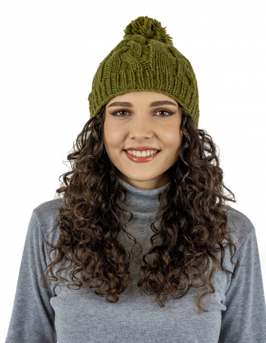 Căciulă călduroasă din lână căptușită cu polar și moț - Khaki [2]