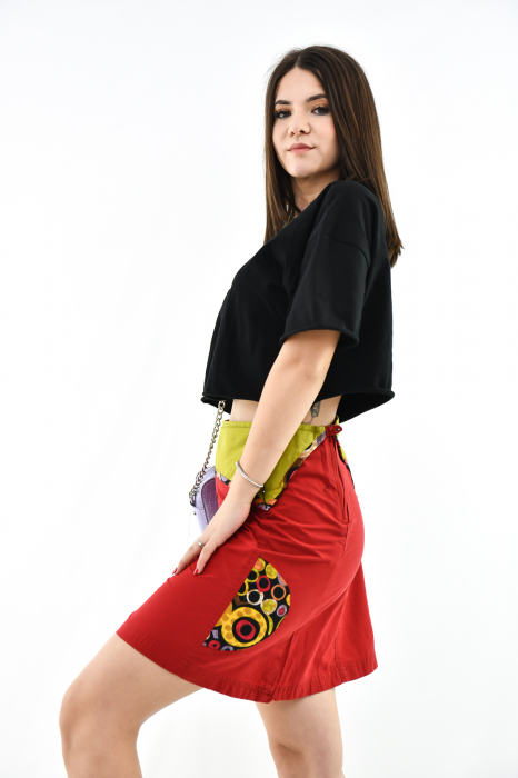 Fusta scurta cu print abstract si fermoar lateral - Negru [4]
