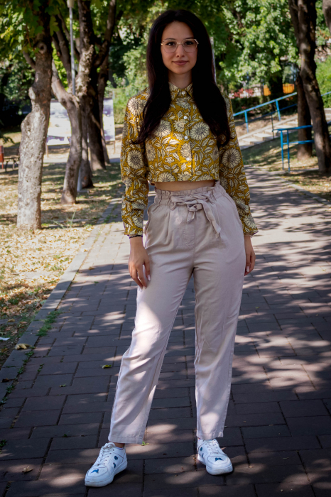 Camasa cropped cu maneca lunga si print all over efectuat manual - Model 1 [2]