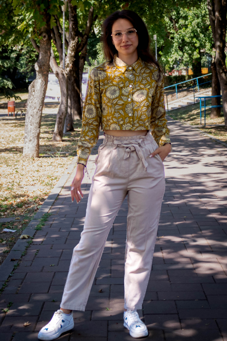 Camasa cropped cu maneca lunga si print all over efectuat manual - Model 1 [4]