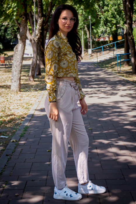 Camasa cropped cu maneca lunga si print all over efectuat manual - Model 1 [3]