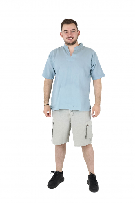 Camasa cu maneca scurta soft cotton si guler in V - Albastru Prafuit [10]