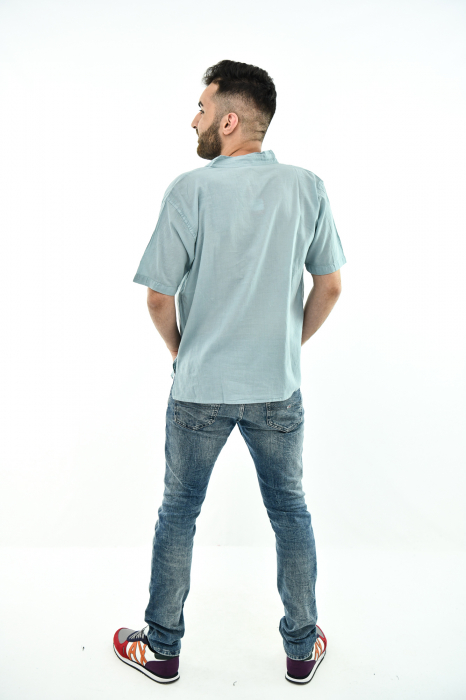 Camasa cu maneca scurta soft cotton si guler in V - Albastru Prafuit [8]