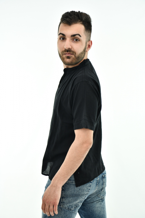 Camasa cu maneca scurta soft cotton si guler in V - Albastru Prafuit [5]