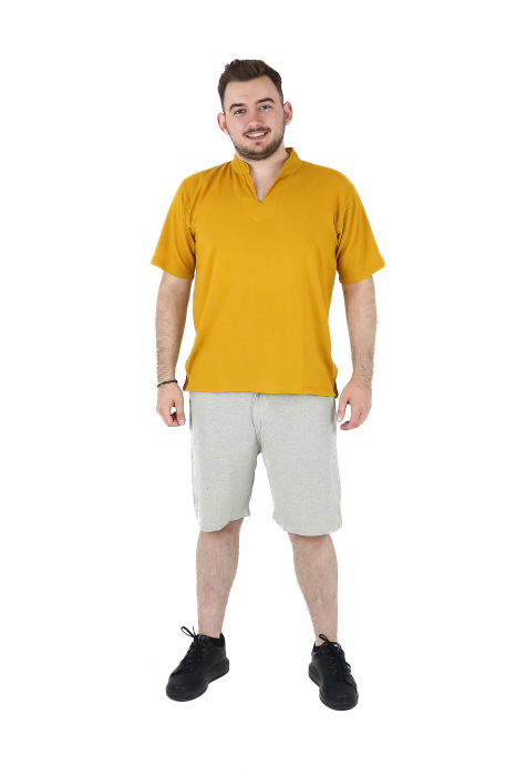 Camasa cu maneca scurta soft cotton si guler in V - Albastru Prafuit [14]