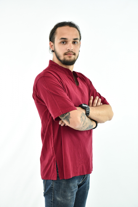 Camasa cu maneca scurta soft cotton si guler in V - Albastru Prafuit [6]