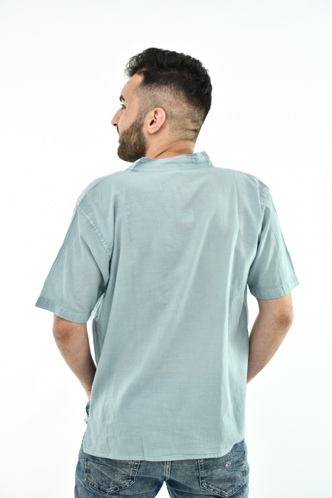 Camasa cu maneca scurta soft cotton si guler in V - Albastru Prafuit [7]
