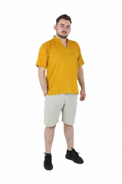 Camasa cu maneca scurta soft cotton si guler in V - Albastru Prafuit [16]