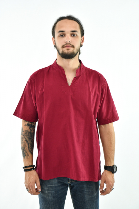 Camasa cu maneca scurta soft cotton si guler in V - Albastru Prafuit [8]
