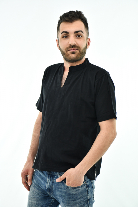 Camasa cu maneca scurta soft cotton si guler in V - Albastru Prafuit [3]