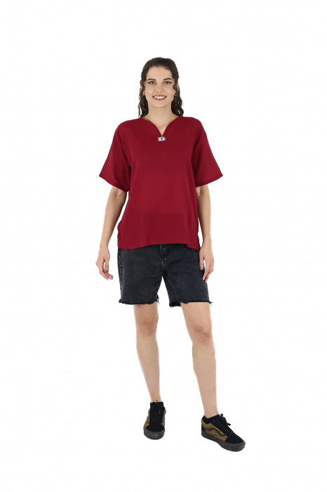 Camasa regular fit cu maneca scurta si guler in V - Visiniu [4]