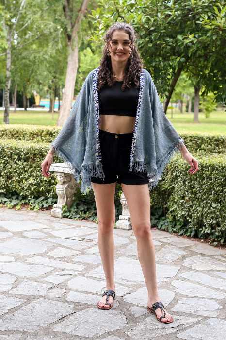 Cardigan din tricot tip plasa - Albastru Prafuit [2]