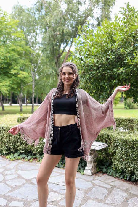 Cardigan din tricot tip plasa - Roz [4]