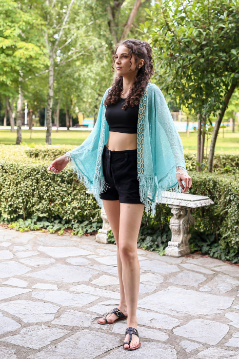 Cardigan din tricot tip plasa - Turquoise [3]