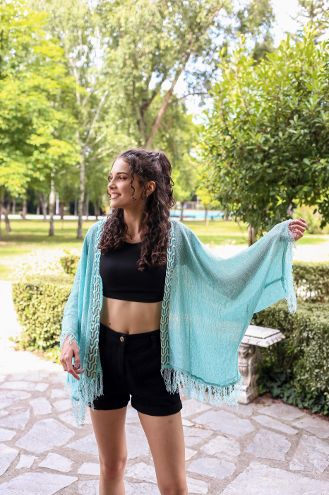 Cardigan din tricot tip plasa - Turquoise [5]