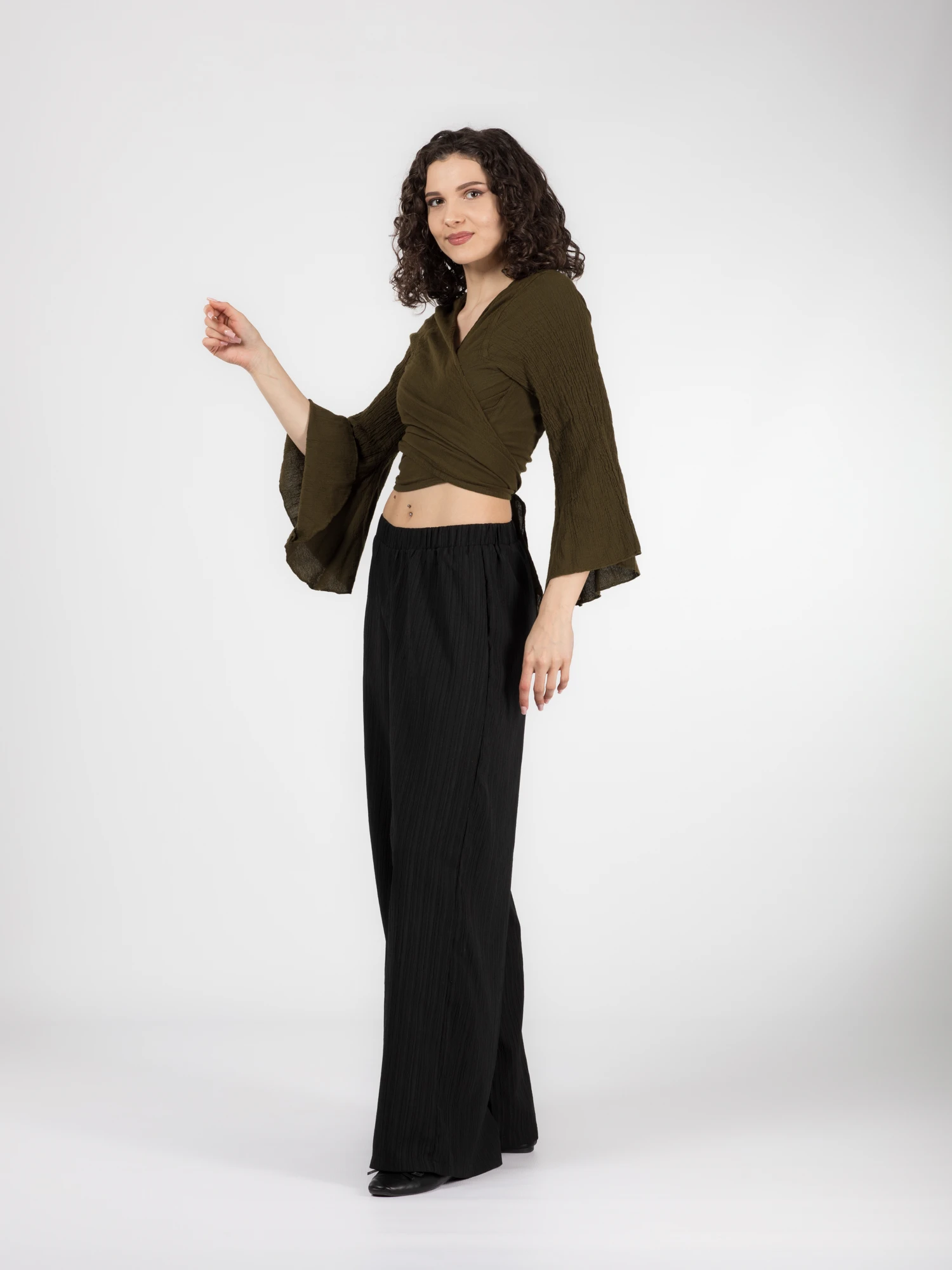 Crop Top Boho cu Mâneci Tip Clopot - Khaki [3]