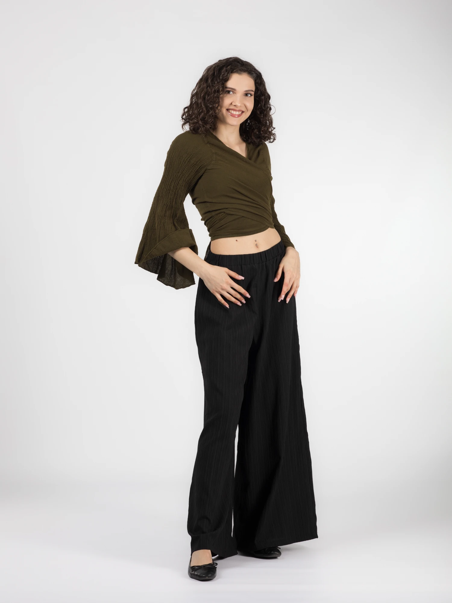 Crop Top Boho cu Mâneci Tip Clopot - Khaki [2]