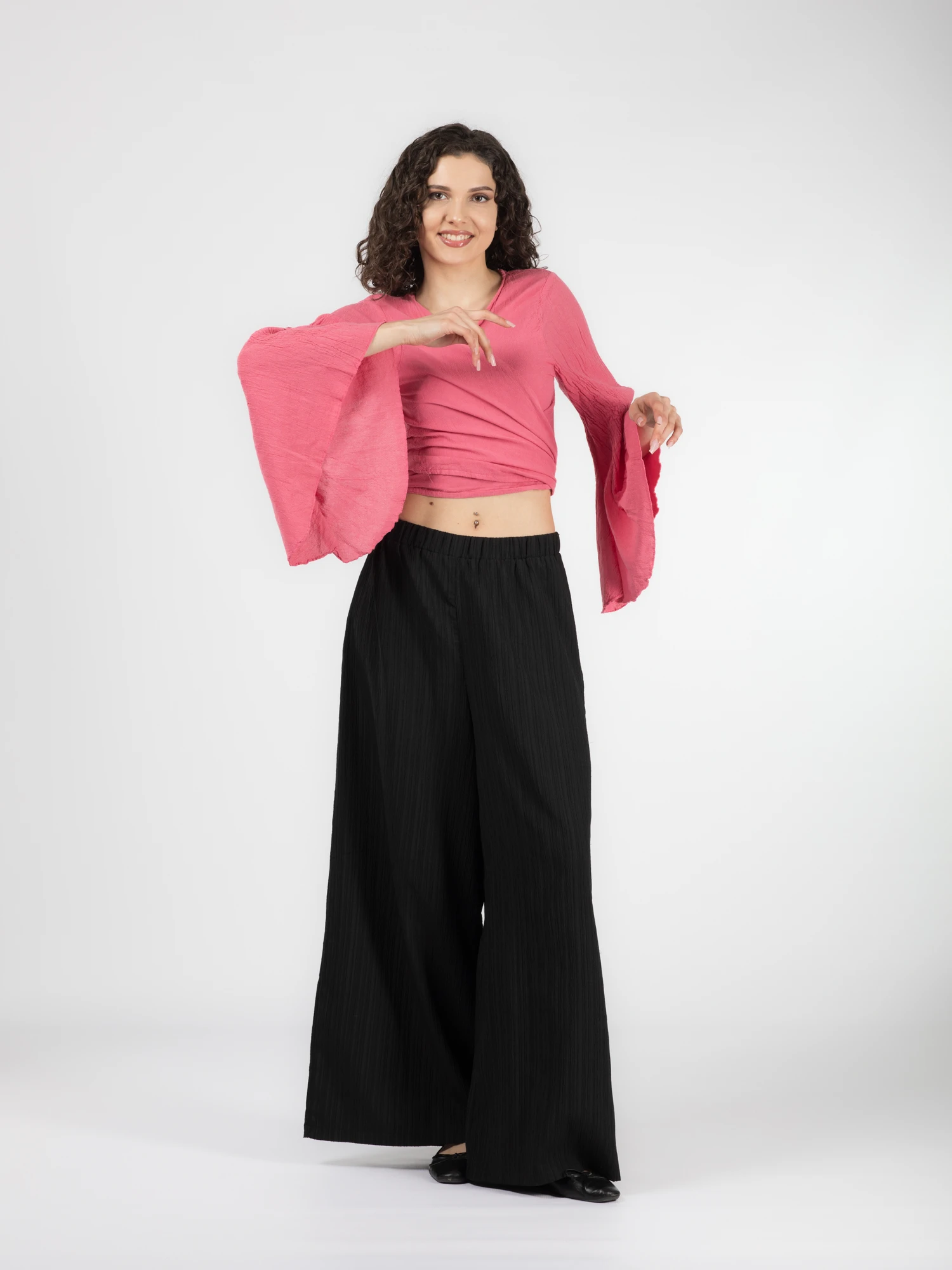 Crop Top Boho cu Mâneci Tip Clopot - Roz [7]