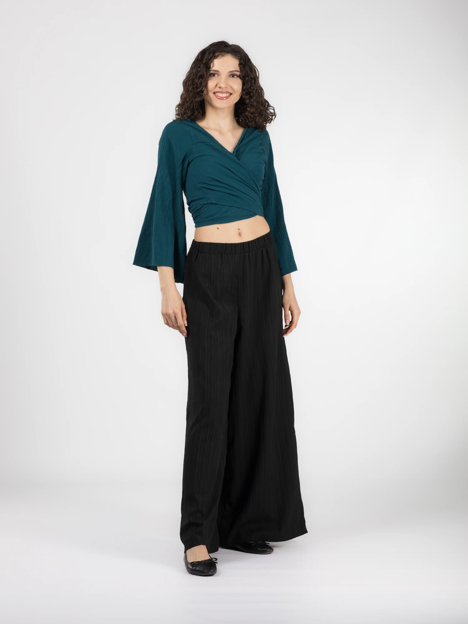 Crop Top Boho cu Mâneci Tip Clopot - Teal [2]