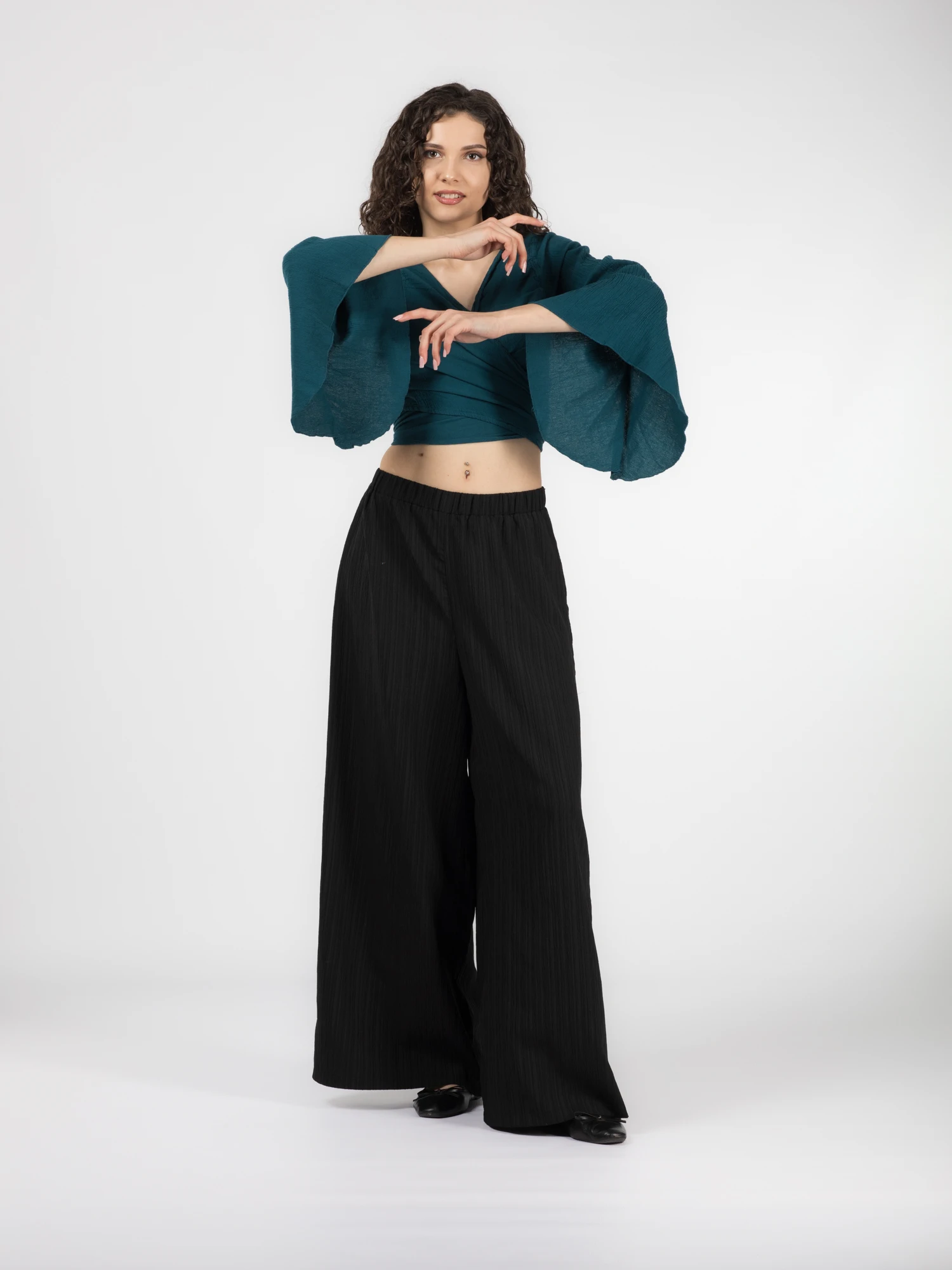 Crop Top Boho cu Mâneci Tip Clopot - Teal [5]