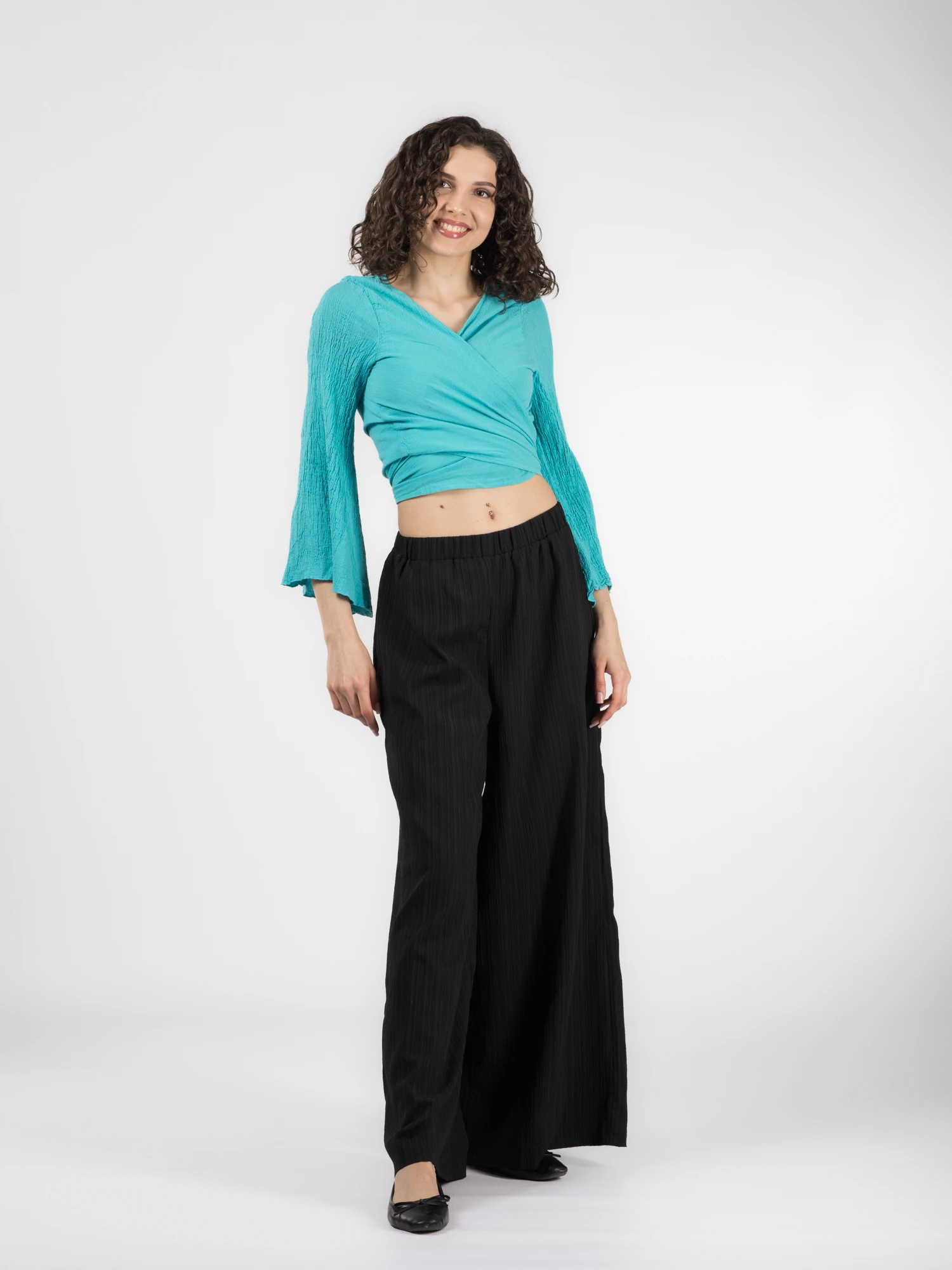 Crop Top Boho cu Mâneci Tip Clopot - Turquoise [2]