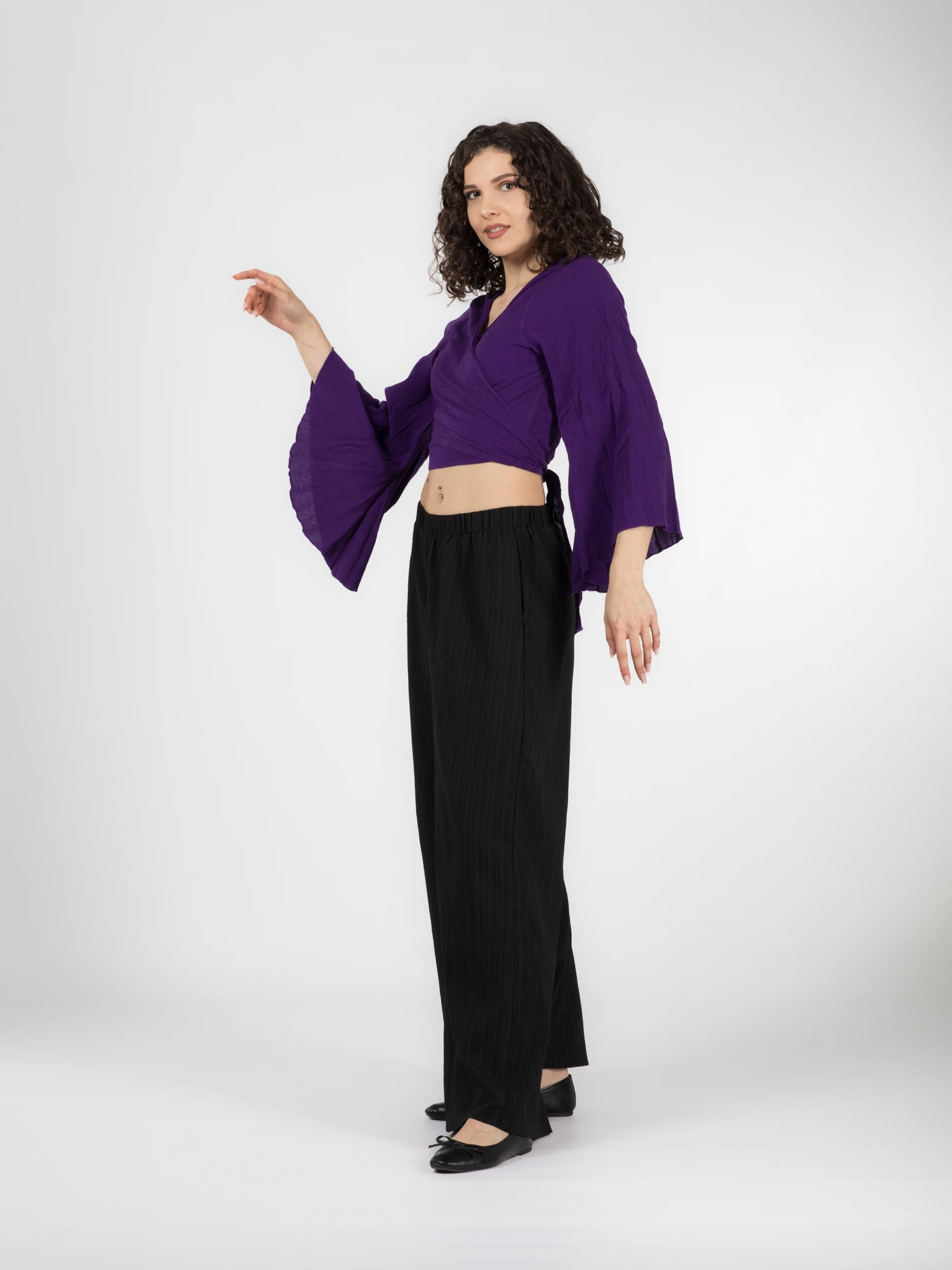 Crop Top Boho cu Mâneci Tip Clopot - Mov [3]
