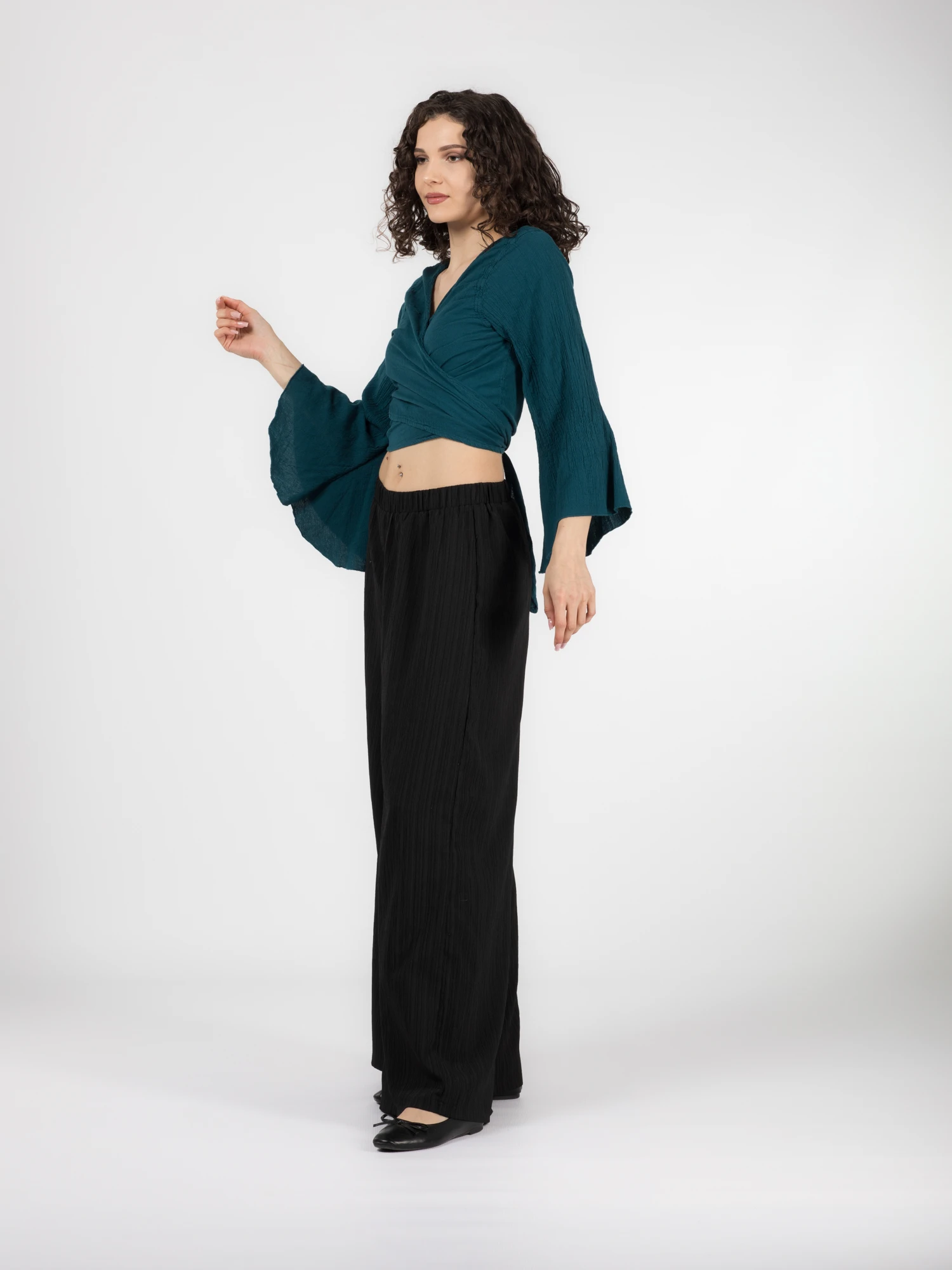 Crop Top Boho cu Mâneci Tip Clopot - Teal [3]