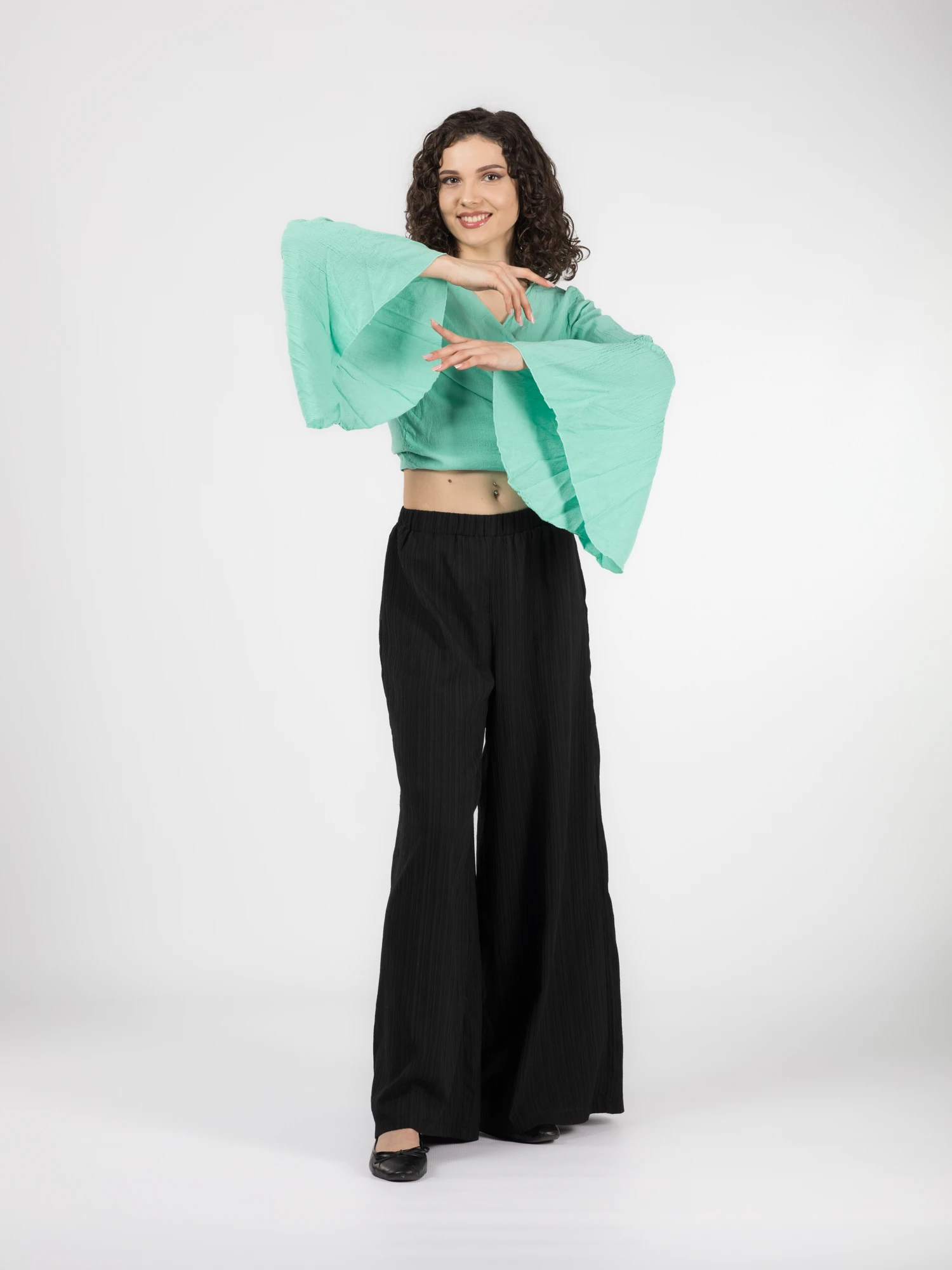 Crop Top Boho cu Mâneci Tip Clopot - Mentă [3]
