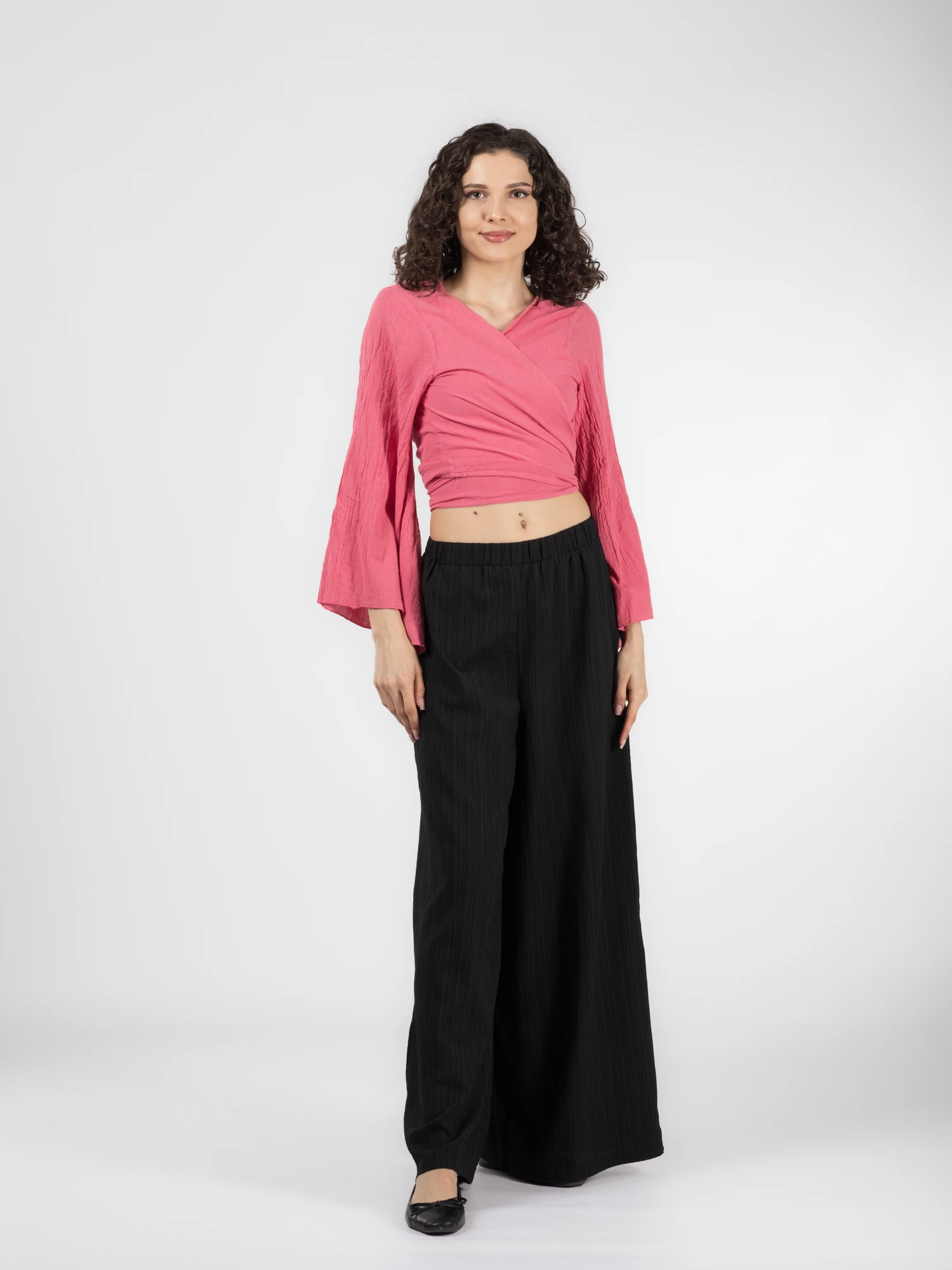 Crop Top Boho cu Mâneci Tip Clopot - Roz [2]