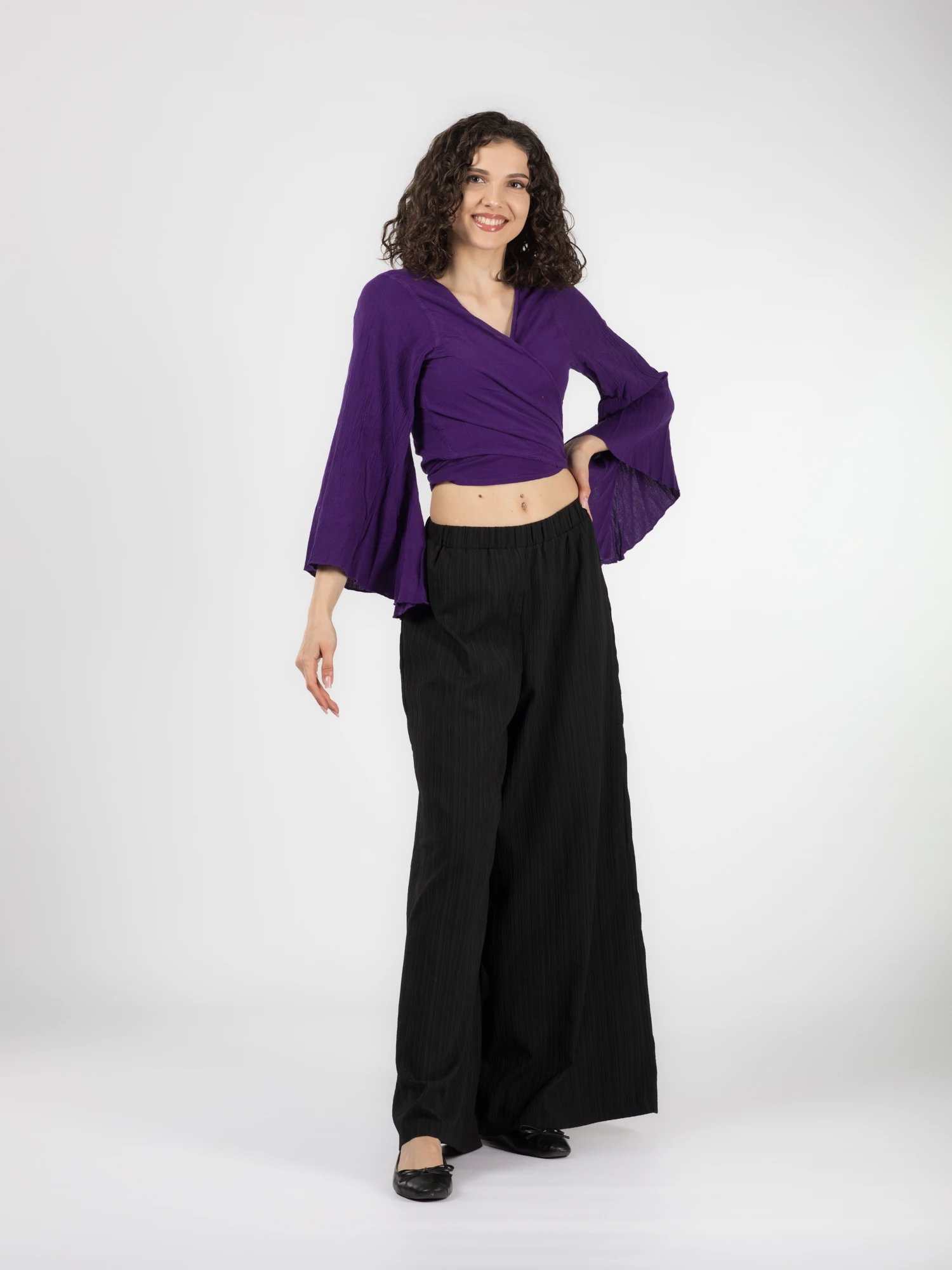 Crop Top Boho cu Mâneci Tip Clopot - Mov [2]