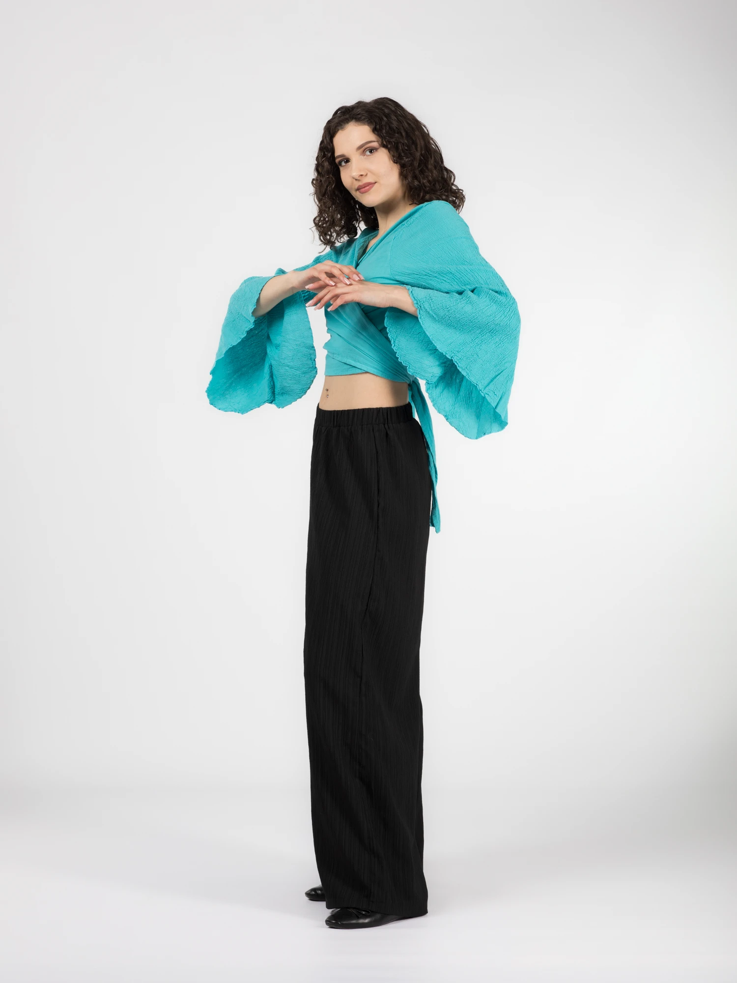 Crop Top Boho cu Mâneci Tip Clopot - Turquoise [3]