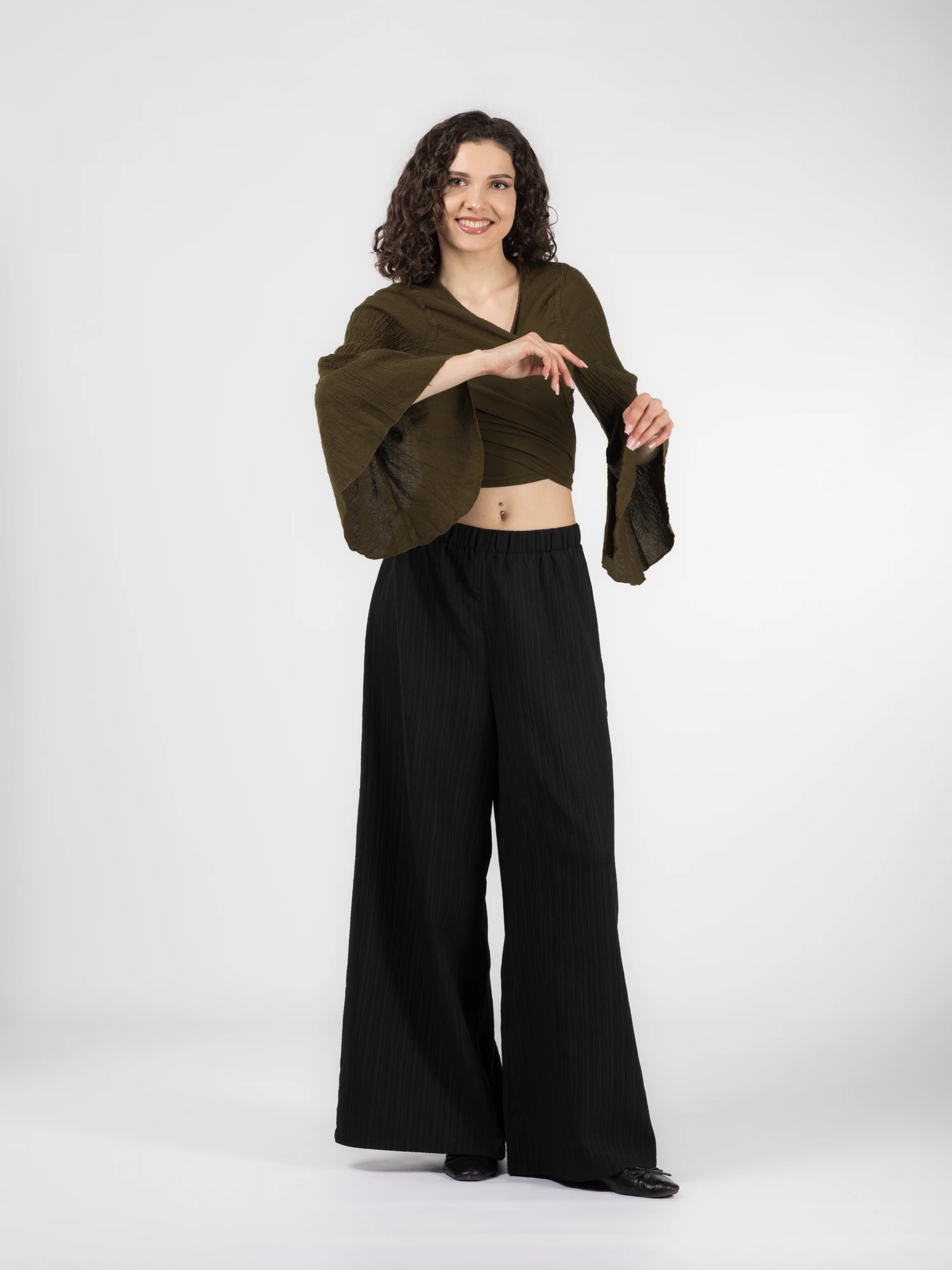 Crop Top Boho cu Mâneci Tip Clopot - Khaki [6]