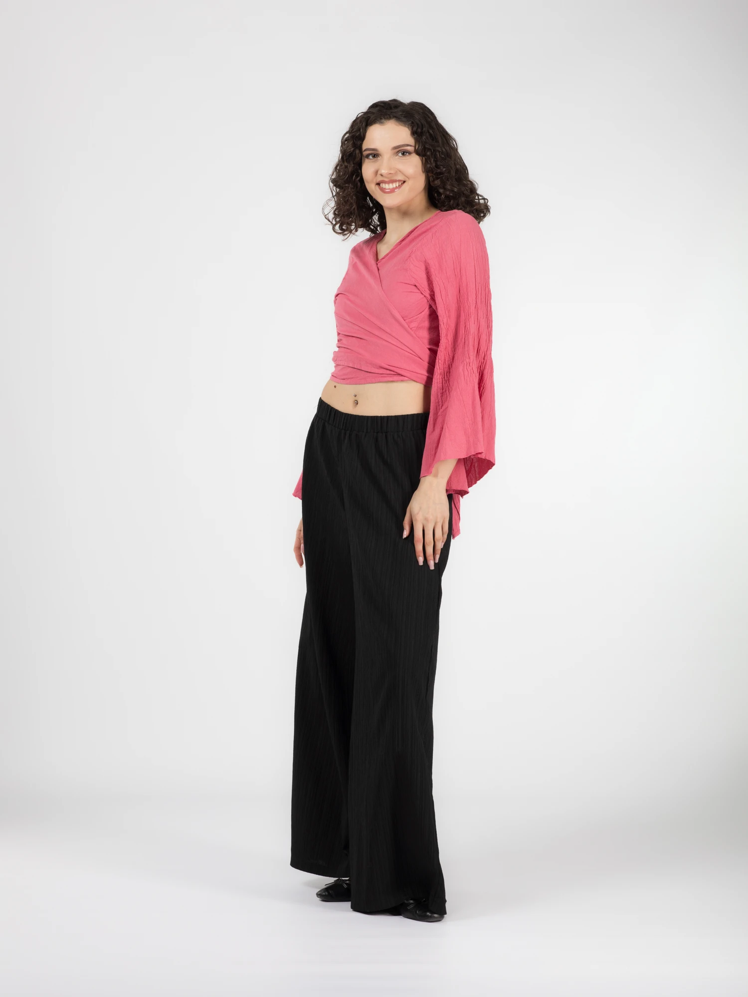 Crop Top Boho cu Mâneci Tip Clopot - Roz [3]