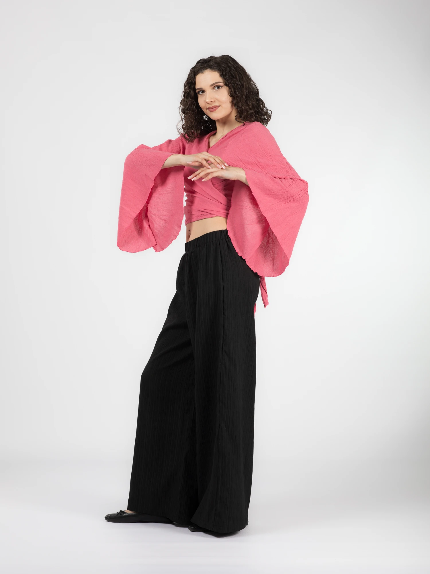Crop Top Boho cu Mâneci Tip Clopot - Roz [4]