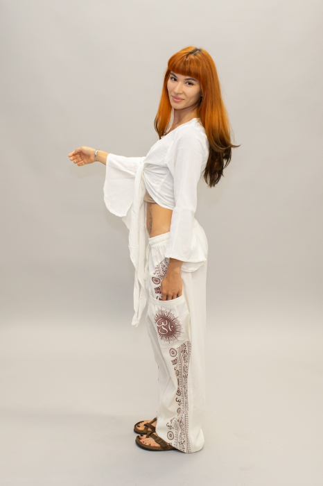 Crop Top Boho din Bumbac cu Mâneci Largi și Prindere în Față - Alb [4]