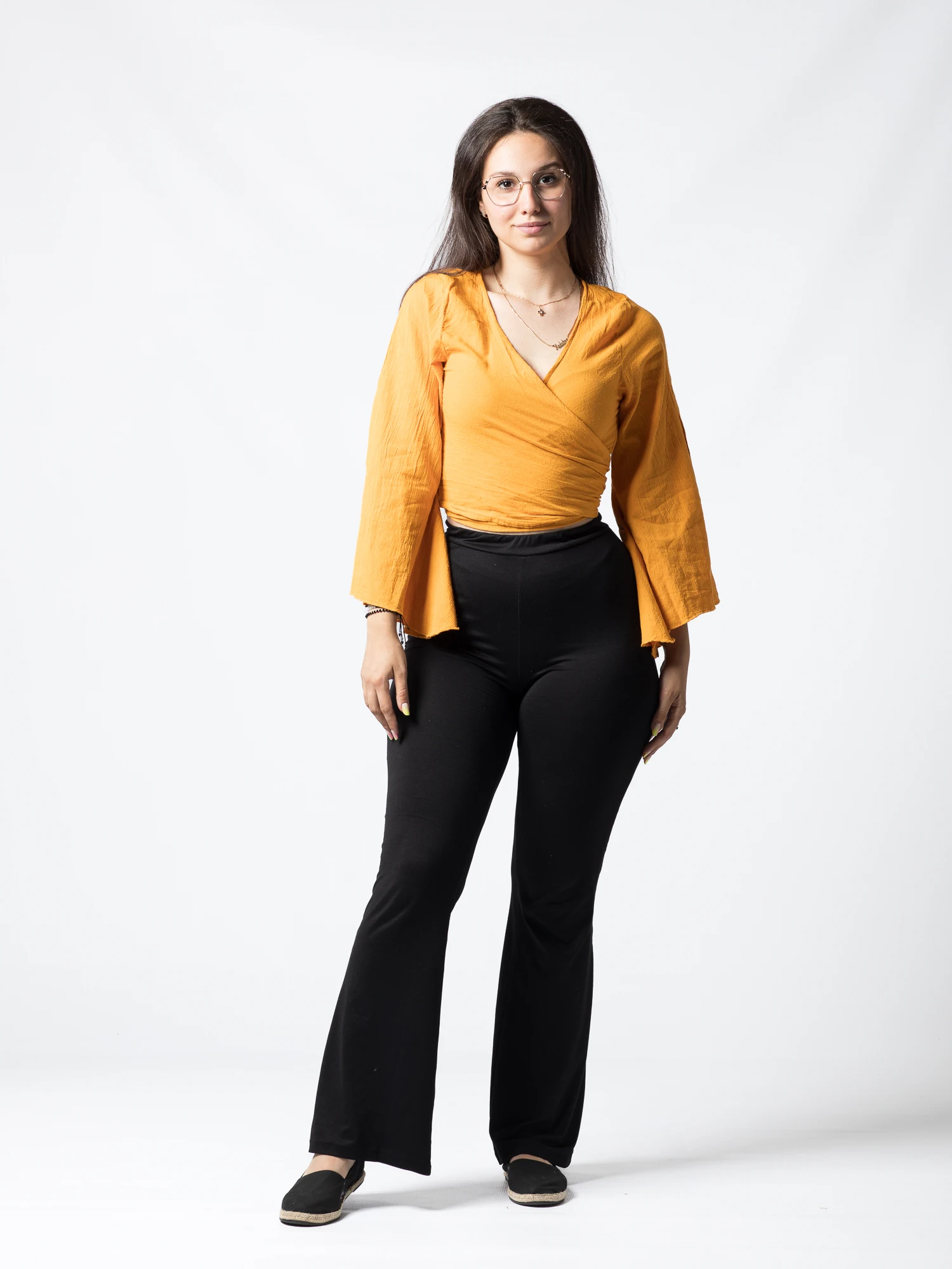 Crop Top Boho din Bumbac cu Mâneci Largi și Prindere în Față - Alb [2]