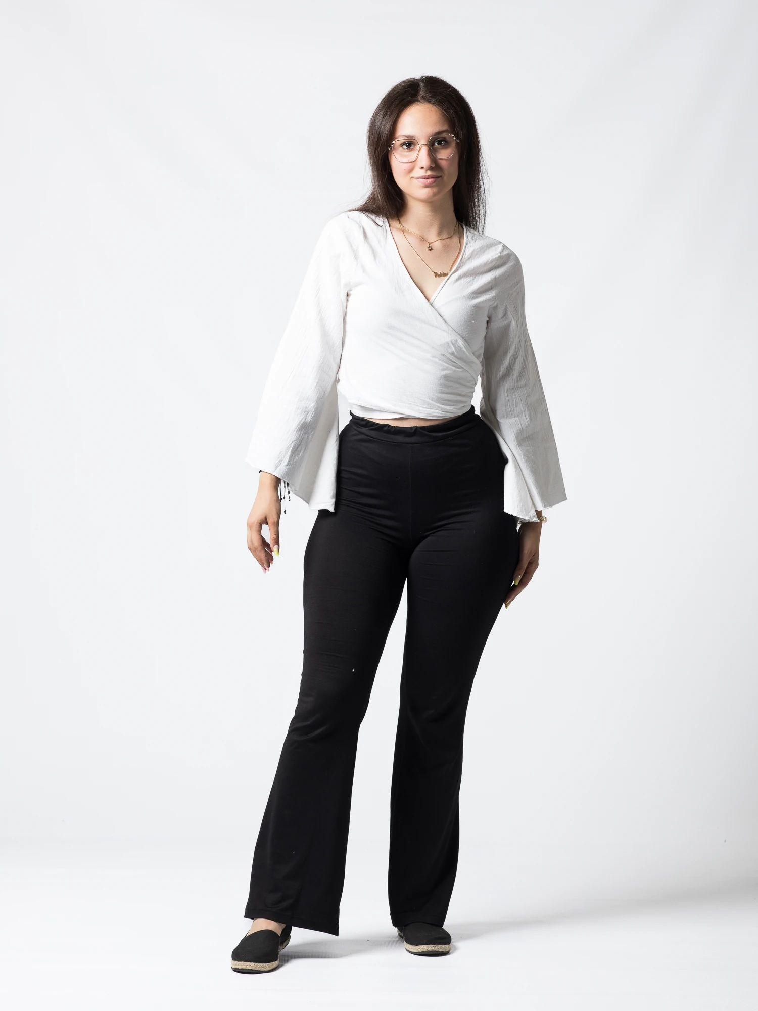 Crop Top Boho din Bumbac cu Mâneci Largi și Prindere în Față - Alb [2]
