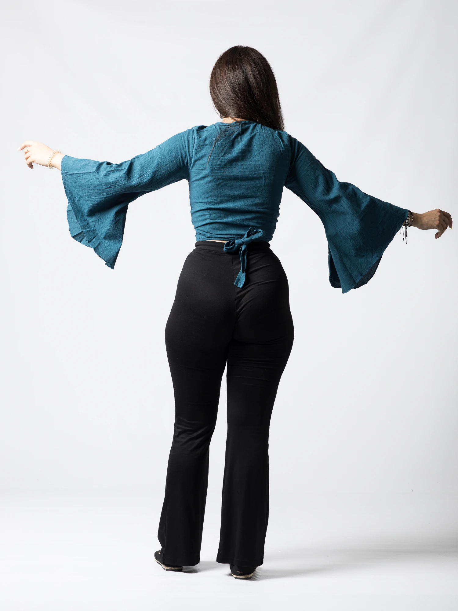 Crop Top Boho din Bumbac cu Mâneci Largi și Prindere în Față - Alb [4]