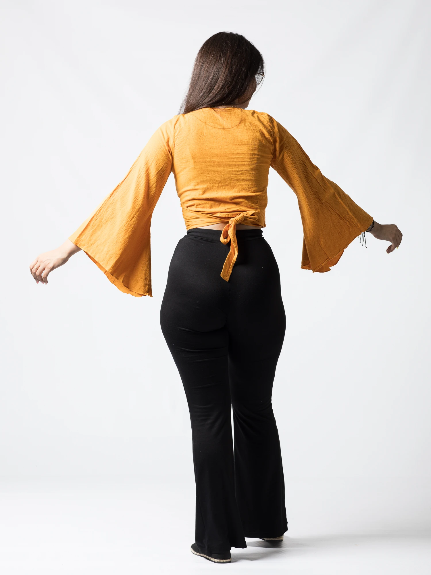 Crop Top Boho din Bumbac cu Mâneci Largi și Prindere în Față - Alb [4]