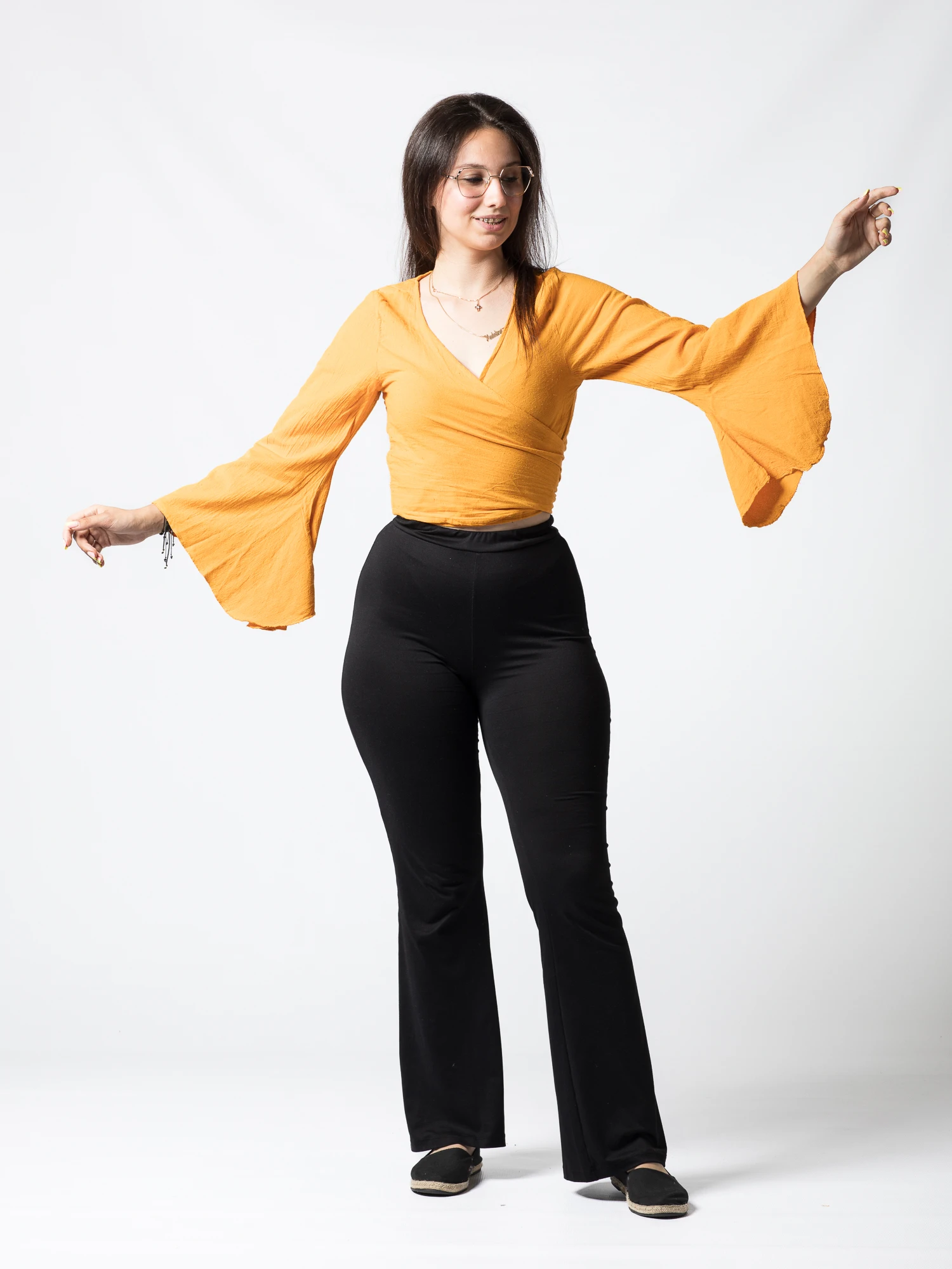 Crop Top Boho din Bumbac cu Mâneci Largi și Prindere în Față - Alb [5]