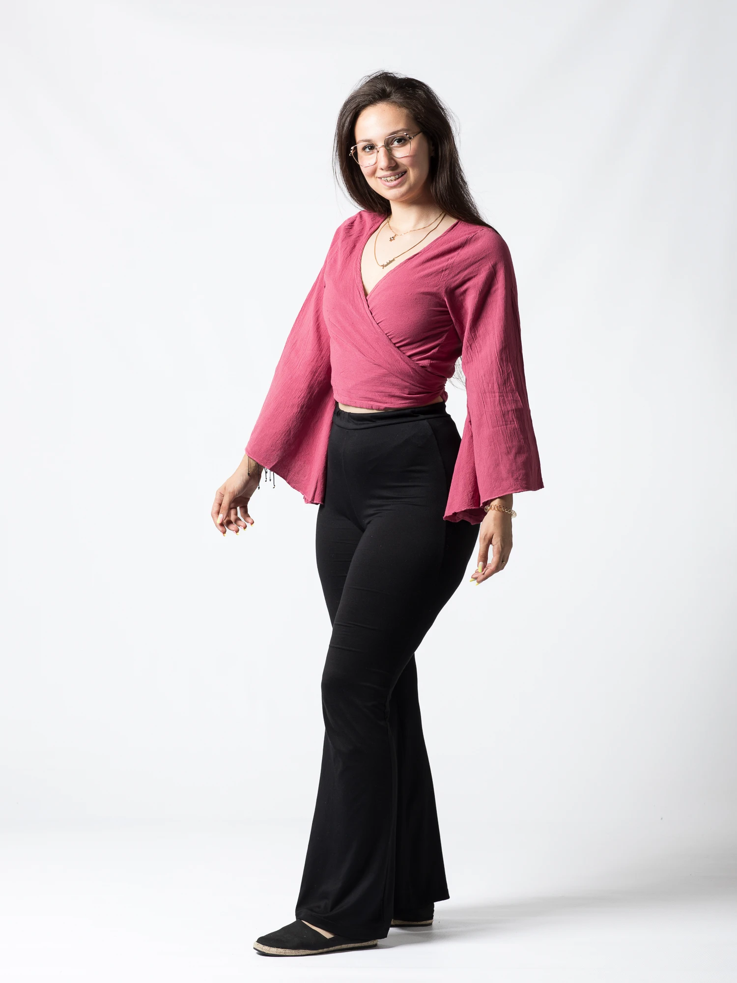 Crop Top Boho din Bumbac cu Mâneci Largi și Prindere în Față - Alb [4]