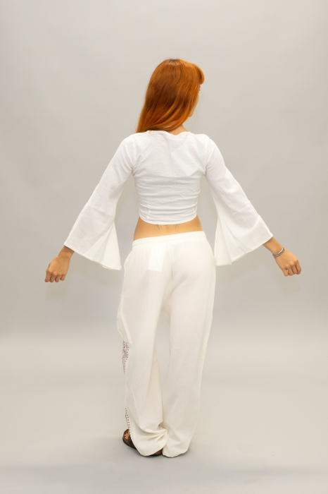 Crop Top Boho din Bumbac cu Mâneci Largi și Prindere în Față - Alb [5]
