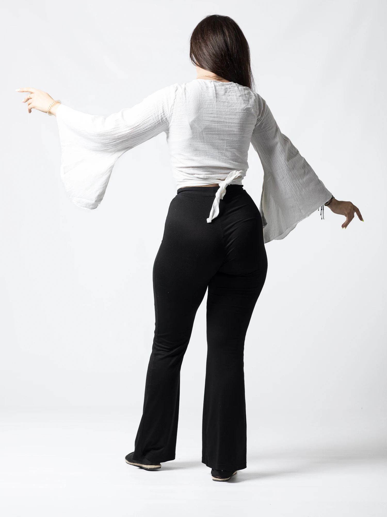 Crop Top Boho din Bumbac cu Mâneci Largi și Prindere în Față - Alb [4]