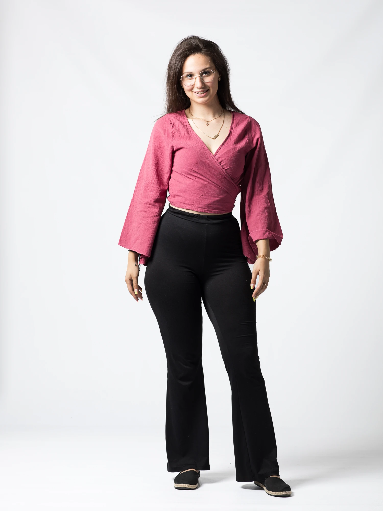 Crop Top Boho din Bumbac cu Mâneci Largi și Prindere în Față - Alb [2]