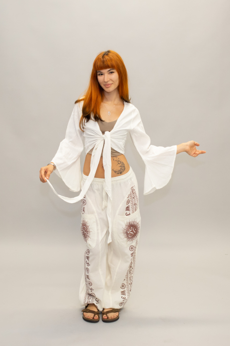 Crop Top Boho din Bumbac cu Mâneci Largi și Prindere în Față - Alb [3]